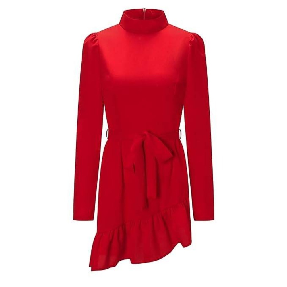 Red Mock Neck Long Sleeve Ruffle Hem Tie Waist Mini Dress Puff Shoulder Size M‎ - Picture 14 of 14